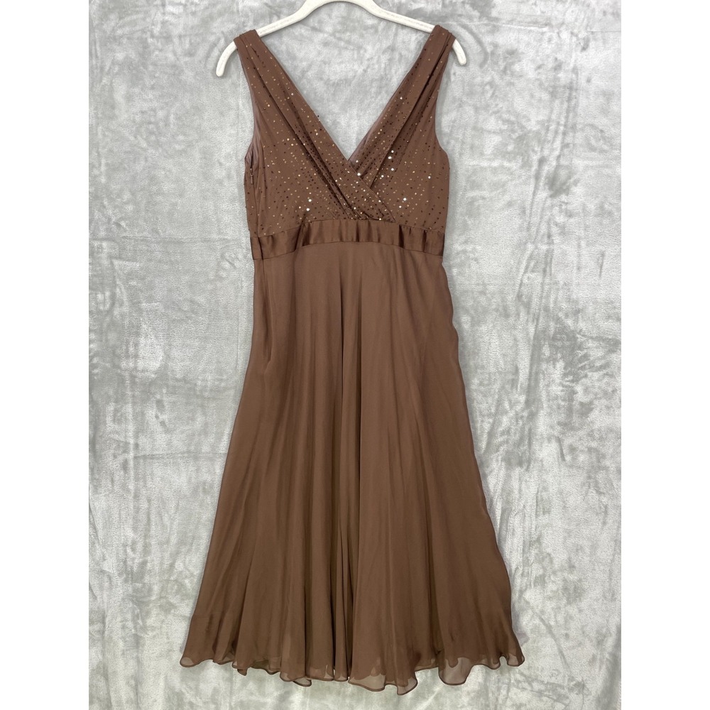 Jones New York  100% Silk Size 8 Cocktail Dress Y2K Brown Midi Sequin Babydoll